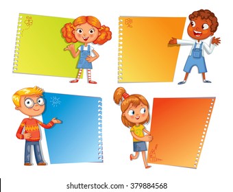 Pupils pointing at a poster. Ready for your message. Colorful template for advertising brochure with a cute happy kid. Funny cartoon character. Vector illustration. Isolated on white background