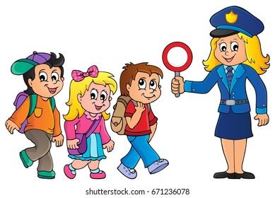 Pupils and policewoman image 1 - eps10 vector illustration.