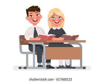Pupils of Primary school sit at the desk. A boy and a girl are reading books. Vector illustration in cartoon style