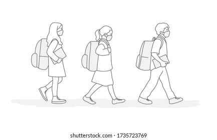 Pupils with Protection Mask and Backpack Going to School. Line drawing vector illustration.