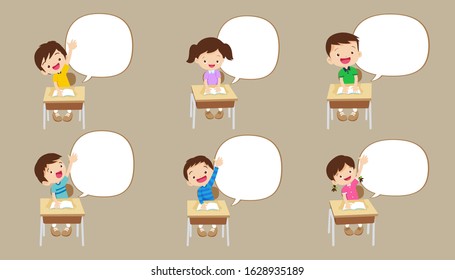 Pupils raising hand with speech bubble,Cute kids with speech bubbles Set,back to school and children.