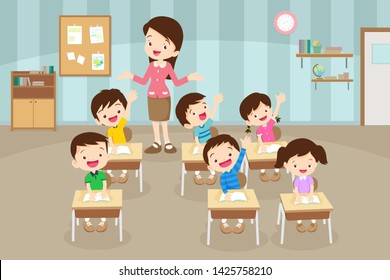 Pupils raising hand and Teacher taking class. Back to school.teacher standing teaching children raising hands up sitting in classroom flat vector illustration.cute pupil are learning.