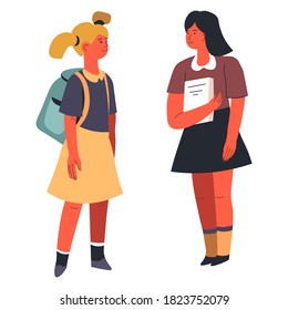 Pupils with satchels and books talking, isolated female characters. Friends or classmates having chat about school. Talkative children communicating on break, kids or teenagers. Vector in flat style