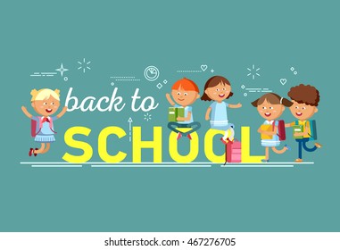 Pupils with school backpacks. Flat illustration group of boys and girls. Happy kids ready come back to school.