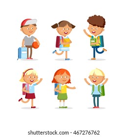 Pupils with school backpacks. Flat illustration group of boys and girls. Happy kids ready come back to school.