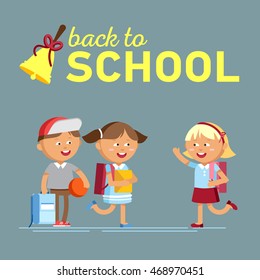 Pupils with school backpacks. Flat illustration group of boys and girls. Happy kids ready come back to school.