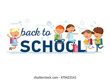 Pupils with school backpacks. Flat illustration group of boys and girls. Happy kids ready come back to school.