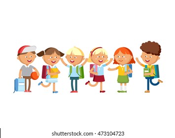 Pupils with school backpacks. Flat illustration group of boys and girls. Happy kids ready come back to school.
