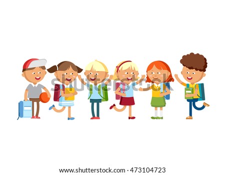 Pupils with school backpacks. Flat illustration group of boys and girls. Happy kids ready come back to school.