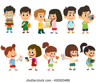 pupils with school backpacks. School kids happy character vector.