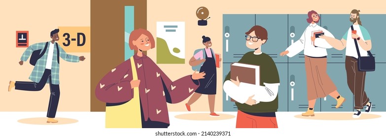 Pupils in school corridor. Group of kids classmates communicating on lesson break. Schoolchildren with backpacks inside school building with cupboards. Cartoon flat vector illustration