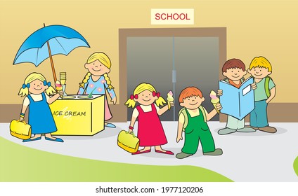 Pupils At The School Have A Break. Before Entrance Mistress Sells Ice Cream. Funny Vector Illustration.