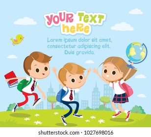 Pupils with school supplies jumping