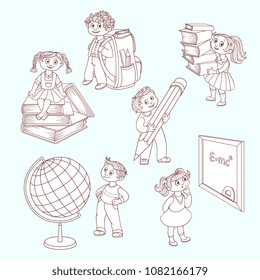 Pupils with school supplies set - happy little boys and girls with stack of textbooks, big pencil, blackboard with sign, world globe map and backpack isolated on white background. Vector illustration.