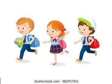 pupils in school uniform with backpacks running