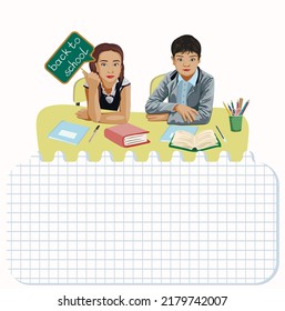 Pupils in school uniform at the desk. Back to school. Place for an inscription in the form of a sheet torn from a notebook. Vector illustration.