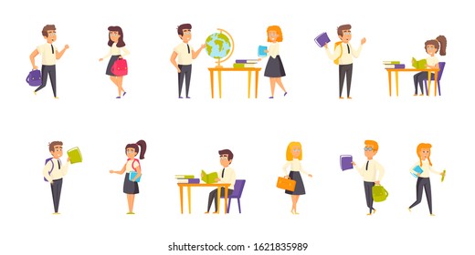 Pupils, schoolchildren flat vector illustrations set. Study, education, lessons scenes bundle. Schoolboys and schoolgirls, people with tutorials, learners cartoon characters collection