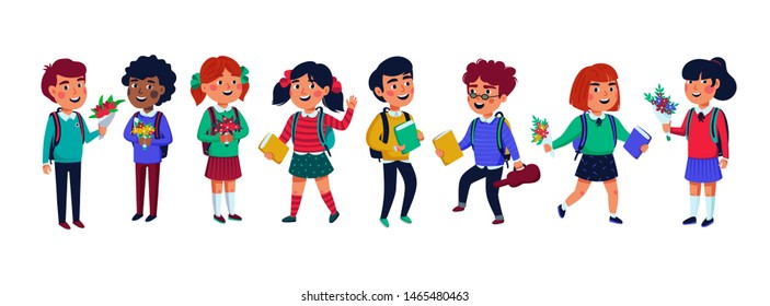 Pupils set. Group of children on white background. Flat style vector illustration.