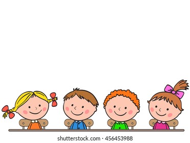 Pupils sit at a desk and listen. Children looking up.