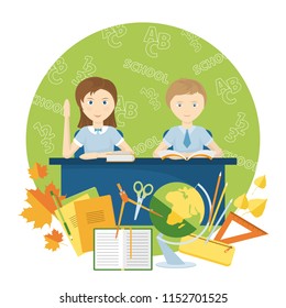 Pupils sit at the school desk. Boy and girl in school uniform. School supplies and autumn leaves. Vector illustration on white background.