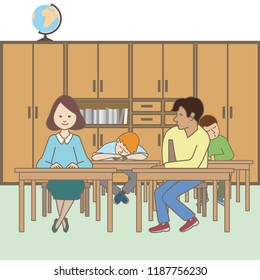 Pupils sitting in a classroom on the background of the bookcase. Vector illustration.