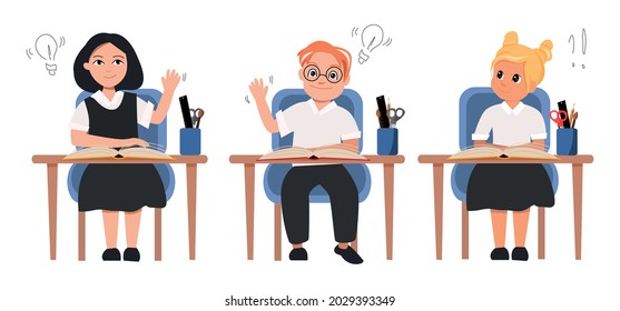 Die Schüler sitzen an einem Schreibtisch. Vektorgrafik