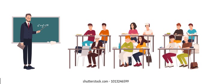 Pupils sitting at desks in classroom, demonstrating good behavior and attentively listening to teacher standing beside chalkboard and explaining lesson. Flat cartoon characters. Vector illustration.