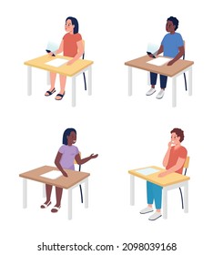 Pupils sitting at desks semi flat color vector characters set. Full body people on white. Elementary school isolated modern cartoon style illustrations collection for graphic design and animation