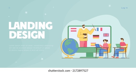 Pupils sitting in front of screen with teacher and countries flags on it. Foreign languages or geography lesson flat vector illustration. Education concept for banner, website design, landing web page