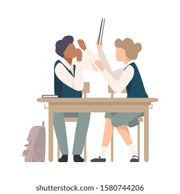 Pupils Sitting At School Desk and Fighting with School Book During Lesson Vector Illustration