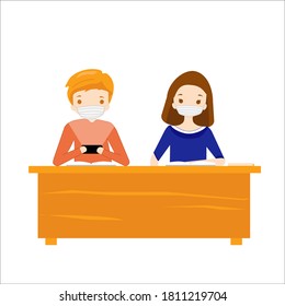 Pupils are sitting at school desk with masks. A boy is sitting with a smartphone, a girl is reading a book. Cartoon vector illustration isolated on white background. Vector Illustration. Covid-19
