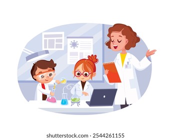 Los alumnos están en la clase de química estudiando química haciendo experimento de ciencia. chico vertiendo tubo de ensayo, chica haciendo notas, profesor explicando la lección, introduciendo el tema. Diseño plano de Vector.