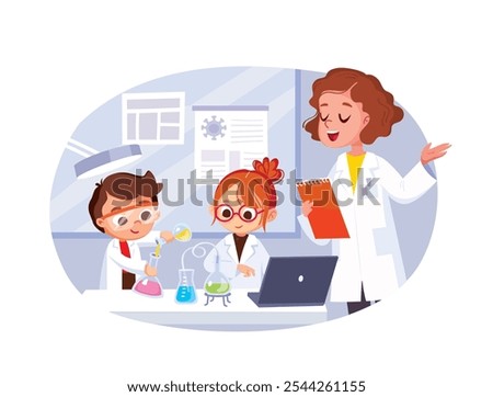 Pupils students are in chemistry class studying chemistry making science experiment. boy pouring test tube, girl making notes, teacher explaining lesson, introducing subject. Vector flat design.