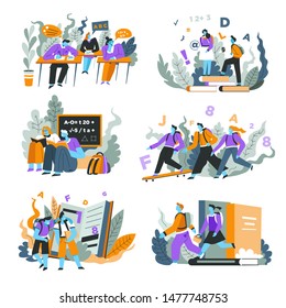 Pupils or students, school and education, classroom and books isolated abstract icons vector. Children at desk and textbook, blackboard and rucksack. Skateboard and break, subject and studying