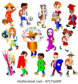 Pupils and students in school uniform with backpacks and books. Vector illustration. Isolated on white. Set.