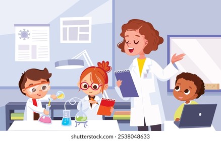 Los alumnos estudian química haciendo experimentos científicos en la clase de química. niño vertiendo tubo de ensayo, niña tomando notas, profesor explicando la lección, introducción de la materia. Diseño plano de Vector.