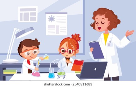 Pupils students are studying chemistry making science experiment in chemistry class, full face. boy pouring test tube, girl making notes, teacher explaining lesson, introducing subject. Vector flat.