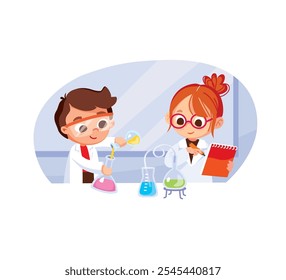 Pupils students are studying chemistry making science experiment in chemistry class, full face. boy pouring test tube, girl making notes, studying subject. Vector flat. facing forward.