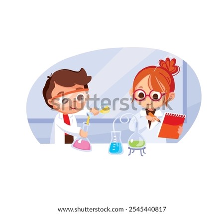 Pupils students are studying chemistry making science experiment in chemistry class, full face. boy pouring test tube, girl making notes, studying subject. Vector flat. facing forward.