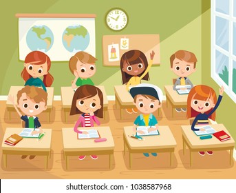 Pupils study in the classroom. School interior. Education illustration. Pupils raising hands. Back to school. Primary school kids. 