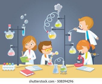 Pupils  is studying chemistry making science experiment in chemistry class. Vector flat design.