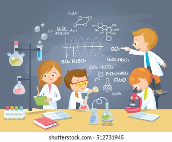 Pupils  is studying chemistry making science experiment in chemistry laboratory. Vector flat design.