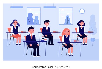 Pupils studying in classroom isolated flat vector illustration. Cartoon children and classmates sitting in class at desk during exam. School and interior concept