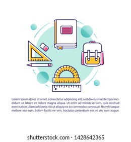 Pupils studying tools article page vector template. School supplies. Brochure, magazine, booklet design element with linear icons and text boxes. Print design. Concept illustrations with text space