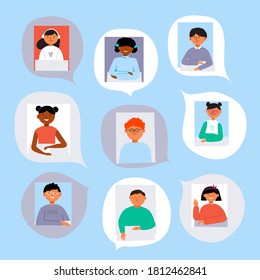 Los alumnos hablan a distancia.Conjunto de escolares.Concepto de escolares y colegialas comunicándose en línea.Vector.