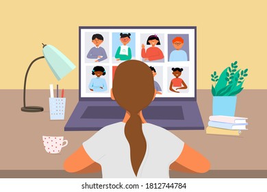  Pupils talking distancing.Female teacher at the workplace, laptop,   screens, remote lesson.Vector illustration.