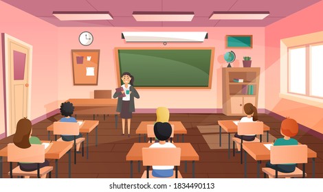 授業の生徒と先生 空の学校教室の室内を漫画で描く 黒板と机を持つ学校教室 教育のコンセプト 学校 大学の教室 ベクターイラスト のベクター画像素材 ロイヤリティフリー Shutterstock