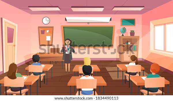 授業の生徒と先生 空の学校教室の室内を漫画で描く 黒板と机を持つ学校教室 教育のコンセプト 学校 大学の教室 ベクターイラスト のベクター画像 素材 ロイヤリティフリー