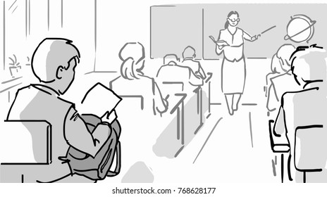 Pupils And Teacher In The Classroom. Black And White Vector Sketch. Simple Drawing.