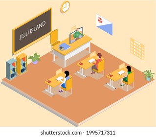 Pupils and teacher in classroom. Online instructor teaches geography to pupil character to children. School distance lessons about Jeju island, remote learning in classroom interior cartoon vector